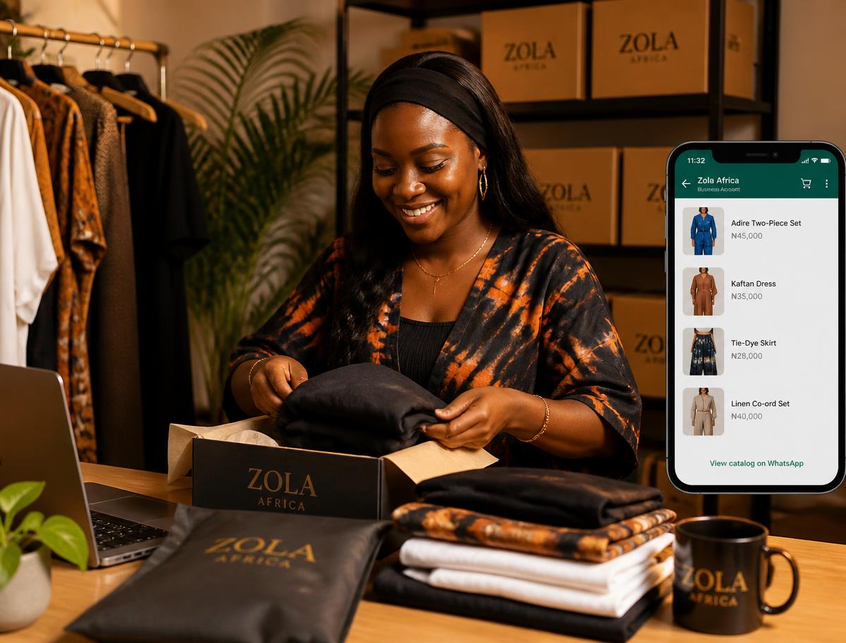 Fashion entrepreneur packing online orders with a WhatsApp Business catalogue on her phone