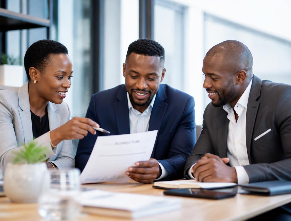 Business advisors reviewing a business plan with a client in Cape Town